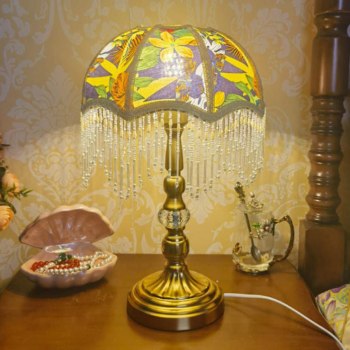 Lampe de table 1 lumière en tissu métallique avec parapluie à pompons rond traditionnel français pour chambre à coucher 