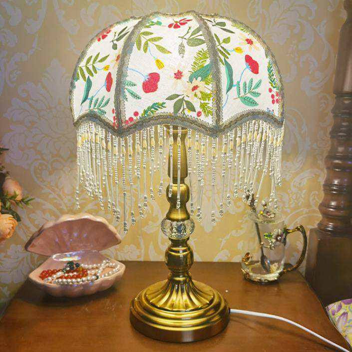 Traditional French Round Tassel Umbrella Metal Fabric 1-Light Table Lamp For Bedroom