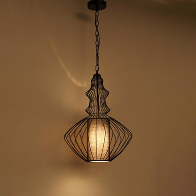 Contemporary Industrial Cage Iron Fabric 1-Light Pendant Light For Living Room