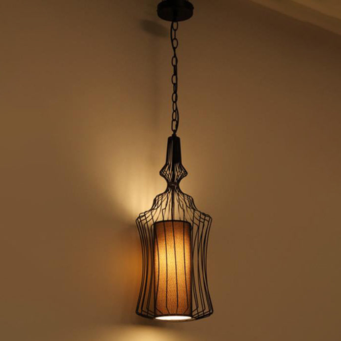Zeitgenössische industrielle Käfig Eisen Stoff 1-Licht Pendelleuchte für Wohnzimmer 