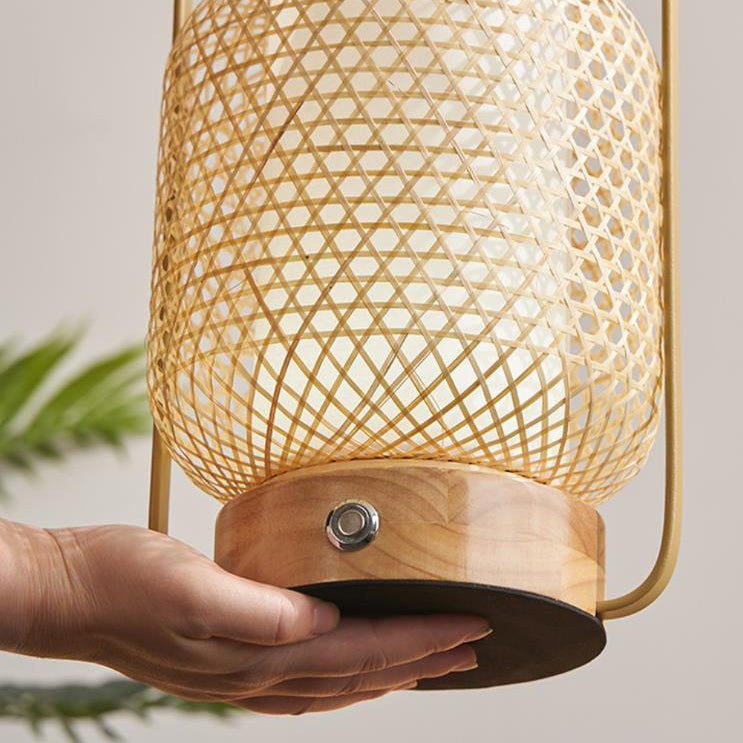 Contemporary Boho Bamboo Weaving Handheld Cylinder LED Touch Dimmable Table Lamp For Bedroom