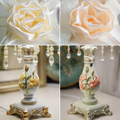 Traditional European Flower Pleated Fabric Resin Base 1-Light Table Lamp For Living Room