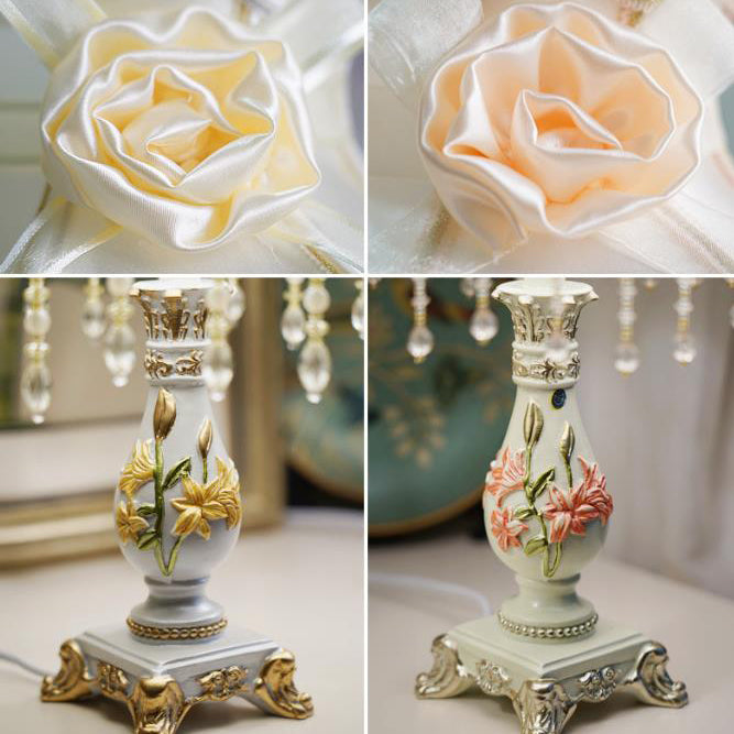 Traditional European Flower Pleated Fabric Resin Base 1-Light Table Lamp For Living Room
