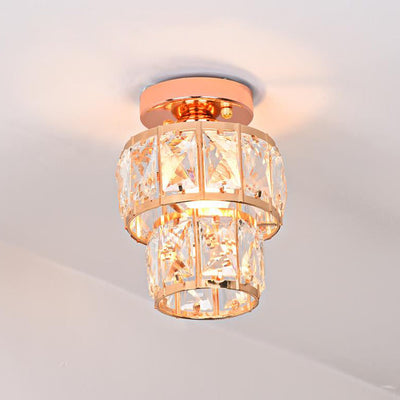 Zeitgenössische Luxus-Deckenleuchte mit Edelstahlrahmen und doppelten Kristallringen, 1-flammig, halbbündige Montage, für Wohnzimmer 