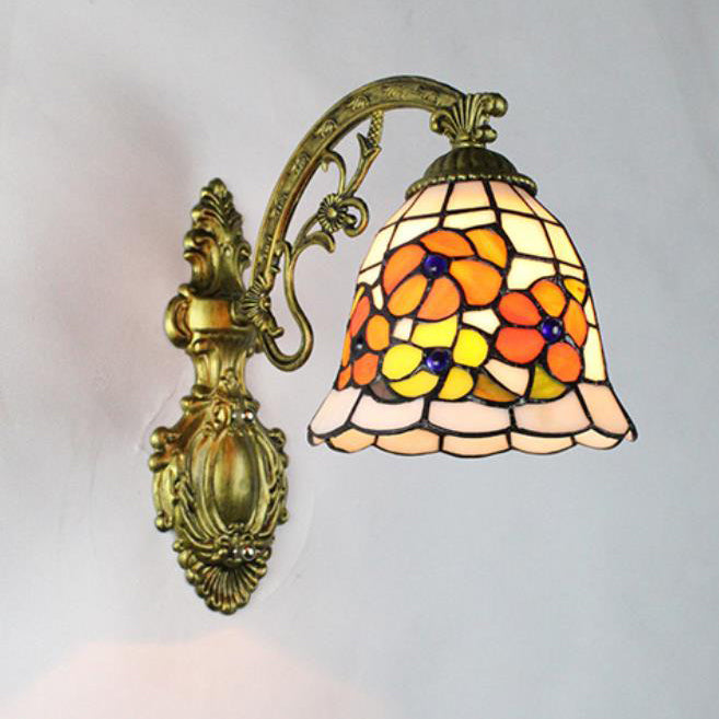 Traditionelle Tiffany Flower Cup Eisen Buntglas 1-Licht Wandleuchte Lampe für Wohnzimmer 