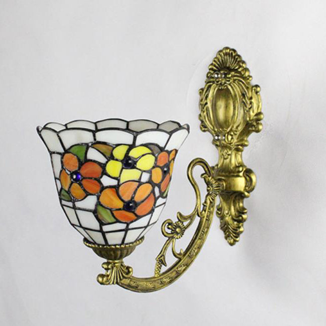 Traditionelle Tiffany Flower Cup Eisen Buntglas 1-Licht Wandleuchte Lampe für Wohnzimmer 