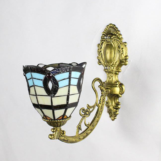 Traditionelle Tiffany Flower Cup Eisen Buntglas 1-Licht Wandleuchte Lampe für Wohnzimmer 