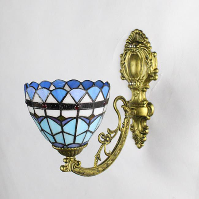 Traditionelle Tiffany Flower Cup Eisen Buntglas 1-Licht Wandleuchte Lampe für Wohnzimmer 