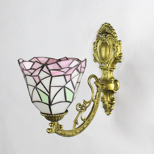 Traditionelle Tiffany Flower Cup Eisen Buntglas 1-Licht Wandleuchte Lampe für Wohnzimmer 