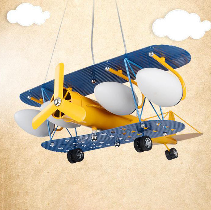 Contemporary Creative Cartoon Iron Aircraft Glass Shade 5-Light Kids Chandelier For Bedroom