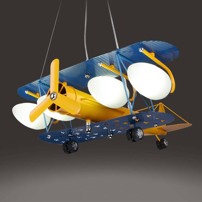 Contemporary Creative Cartoon Iron Aircraft Glass Shade 5-Light Kids Chandelier For Bedroom
