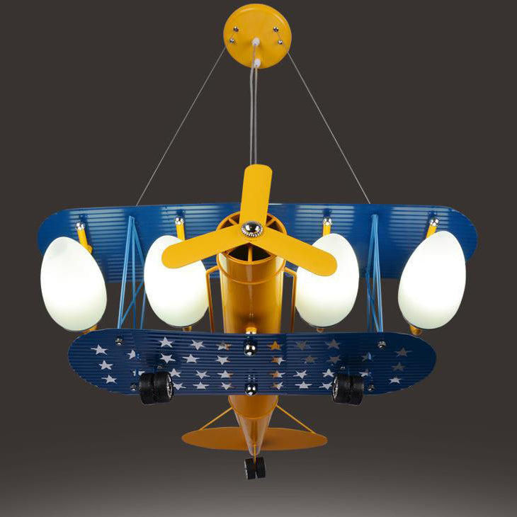 Contemporary Creative Cartoon Iron Aircraft Glass Shade 5-Light Kids Chandelier For Bedroom