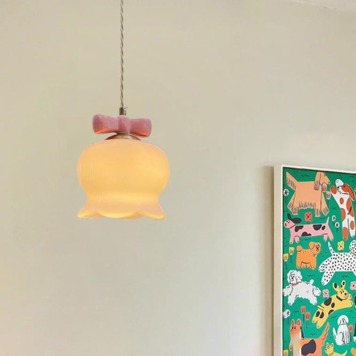 Modern Art Deco Bow Tie Bell Orchid Flower Shade 1-Light Pendant Light For Bedroom
