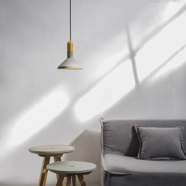 Zeitgenössische industrielle Zementkegel-Holz-Pendelleuchte mit 1 Licht für Esszimmer 