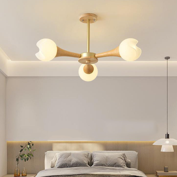 Suspension Contemporaine en Bois de Caoutchouc et Plastique avec Motif de Fleurs Nordiques, 3/5 Lumières pour Salon 