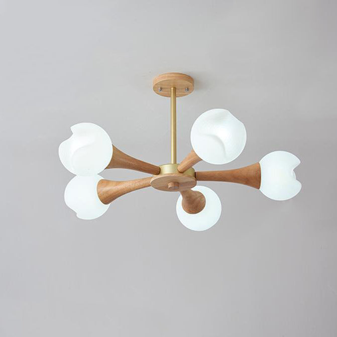 Suspension Contemporaine en Bois de Caoutchouc et Plastique avec Motif de Fleurs Nordiques, 3/5 Lumières pour Salon 