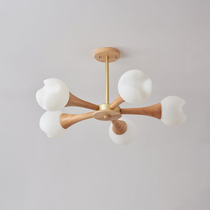 Suspension Contemporaine en Bois de Caoutchouc et Plastique avec Motif de Fleurs Nordiques, 3/5 Lumières pour Salon 