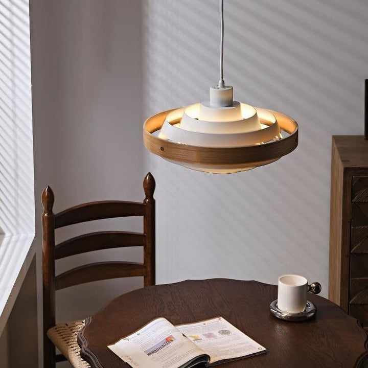 Lámpara colgante de una luz de madera maciza con múltiples capas minimalistas modernas para sala de estar 
