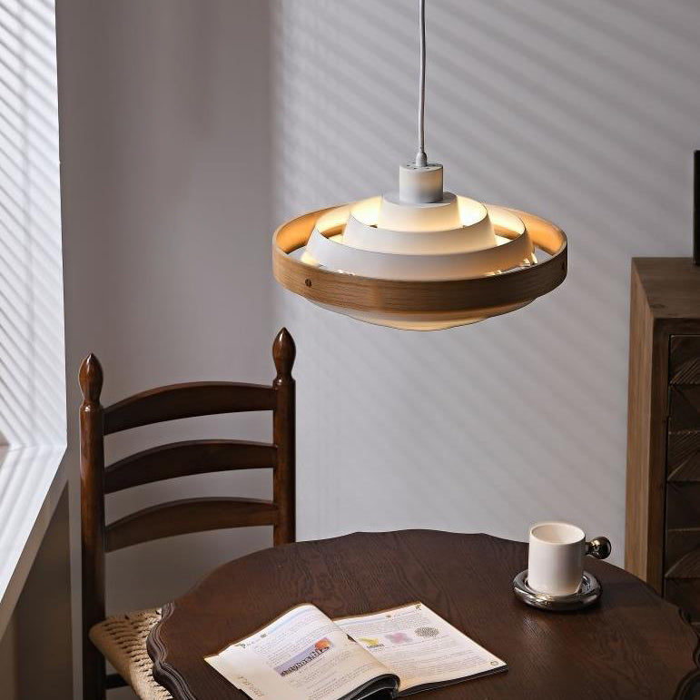 Moderne minimalistische mehrere Schichten runde Hardware Massivholz 1-Licht Pendelleuchte für Wohnzimmer 