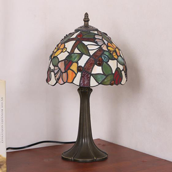 Lampe de table à 1 lumière en verre teinté fer traditionnel Tiffany Dome pour chambre 