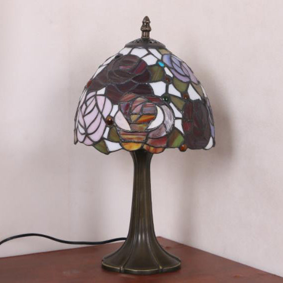 Lampe de table à 1 lumière en verre teinté fer traditionnel Tiffany Dome pour chambre 