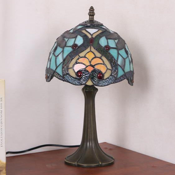 Lampe de table à 1 lumière en verre teinté fer traditionnel Tiffany Dome pour chambre 