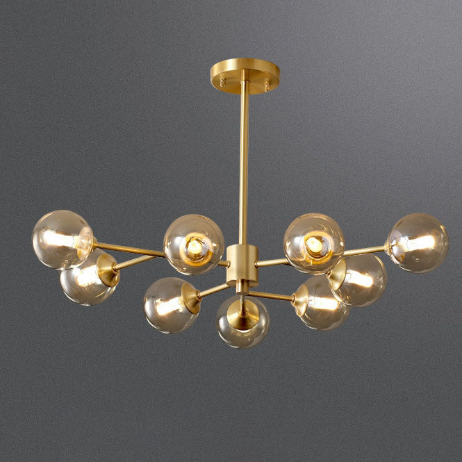 Lustre moderne de style mi-siècle avec cadre en laiton et abat-jour en verre moléculaire à 6/9/12/15 lumières pour salon 
