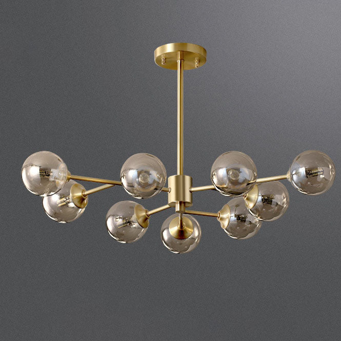 Lustre moderne de style mi-siècle avec cadre en laiton et abat-jour en verre moléculaire à 6/9/12/15 lumières pour salon 