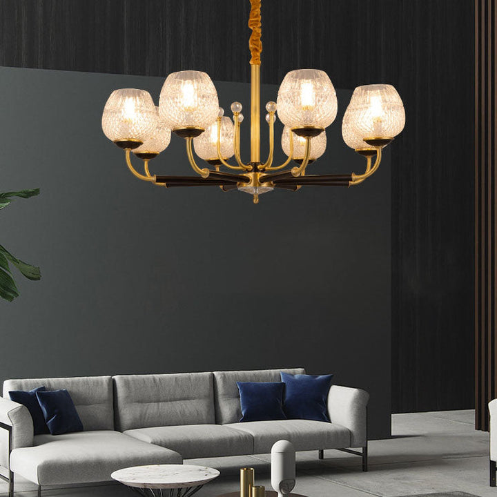 Contemporary Luxury Brass Frame Crystal Glass Cup Shade 8-Light Chandelier For Living Room