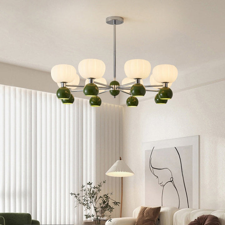 Zeitgenössischer kreativer Kürbis-Orb-Eisen-Aluminium-Acryl-6/12/16-Licht-Kronleuchter für Wohnzimmer 