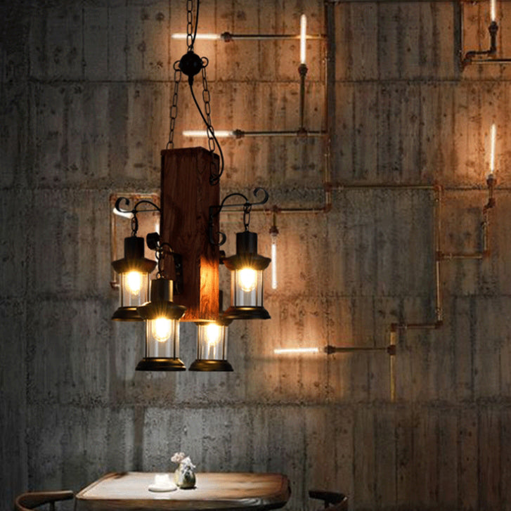 Lustre rustique traditionnel rectangulaire en cylindre de bois avec quincaillerie à 4 lumières pour salon 