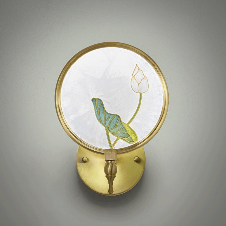 Applique murale LED avec cadre en cuivre traditionnel chinois et décor de fleur de lotus en émail vitrifié pour salon 