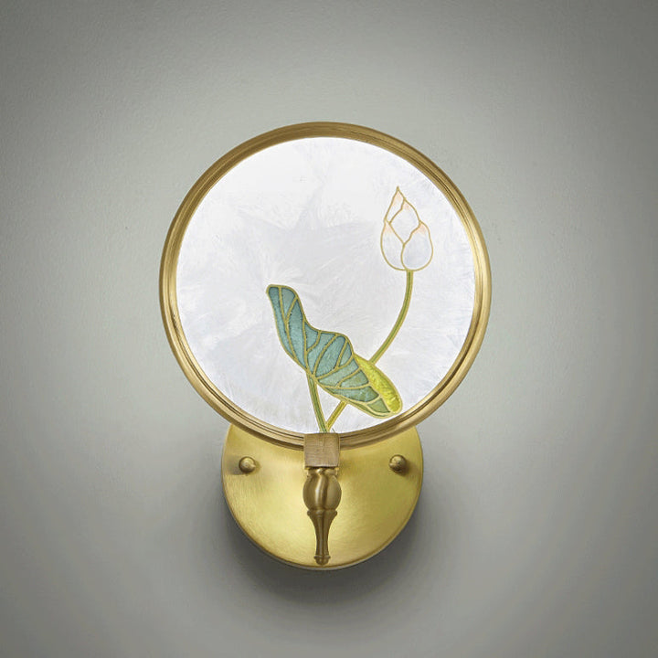 Applique murale LED avec cadre en cuivre traditionnel chinois et décor de fleur de lotus en émail vitrifié pour salon 