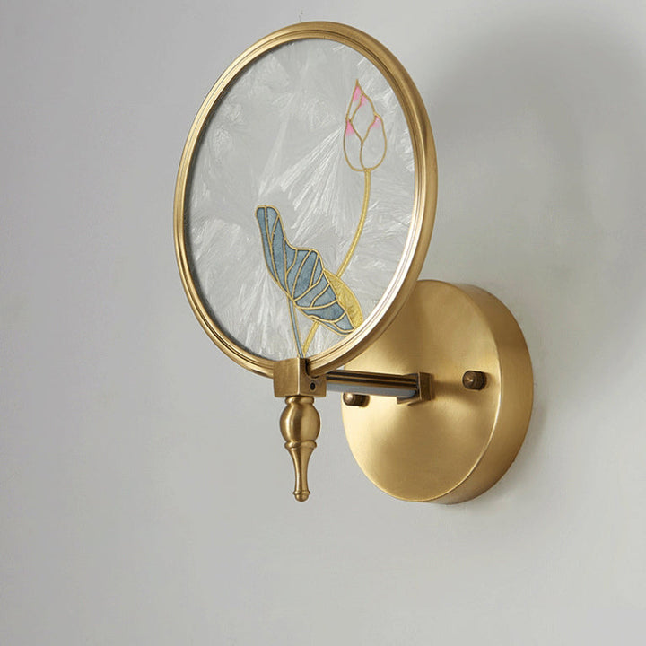 Applique murale LED avec cadre en cuivre traditionnel chinois et décor de fleur de lotus en émail vitrifié pour salon 