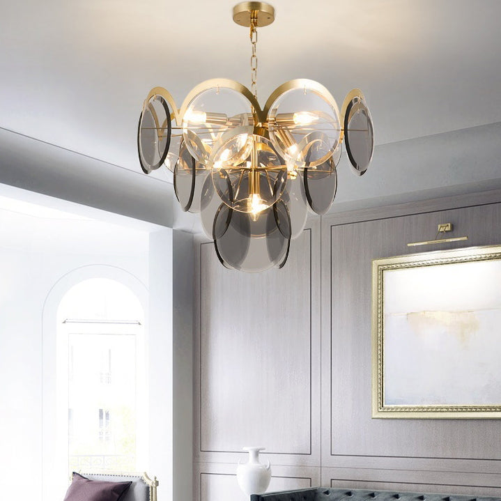 Moderner Luxus-Kronleuchter mit goldenem Finish, abgestufter Glasscheibenschirm, 7/13 Lichter, für Wohnzimmer 