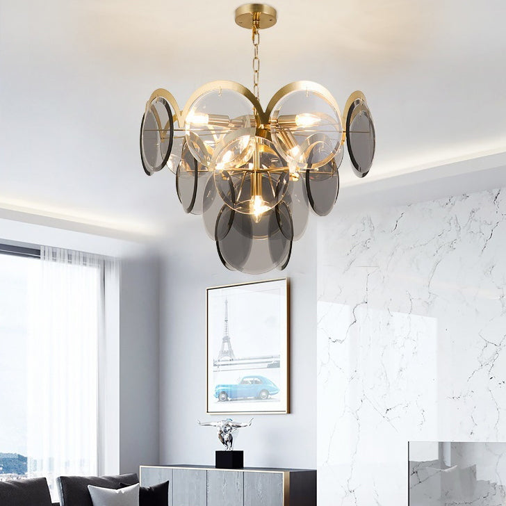 Moderner Luxus-Kronleuchter mit goldenem Finish, abgestufter Glasscheibenschirm, 7/13 Lichter, für Wohnzimmer 