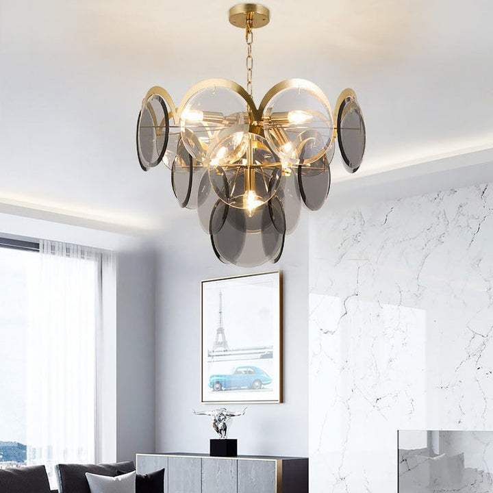 Moderner Luxus-Kronleuchter mit goldenem Finish, abgestufter Glasscheibenschirm, 7/13 Lichter, für Wohnzimmer 