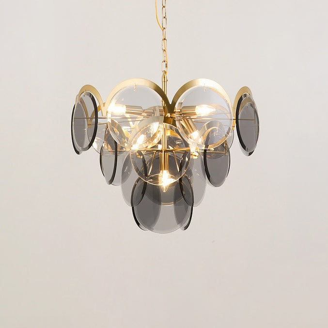 Moderner Luxus-Kronleuchter mit goldenem Finish, abgestufter Glasscheibenschirm, 7/13 Lichter, für Wohnzimmer 
