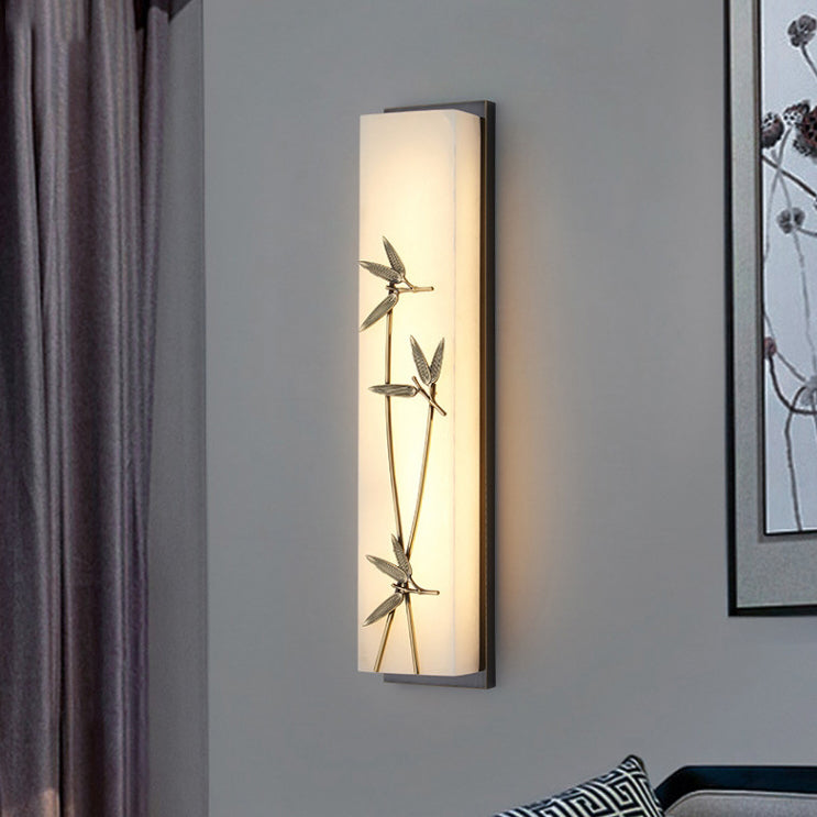 Applique murale LED traditionnelle en cuivre chinois marbre cubique feuille de bambou fleur de lotus ginkgo biloba pour chevet 