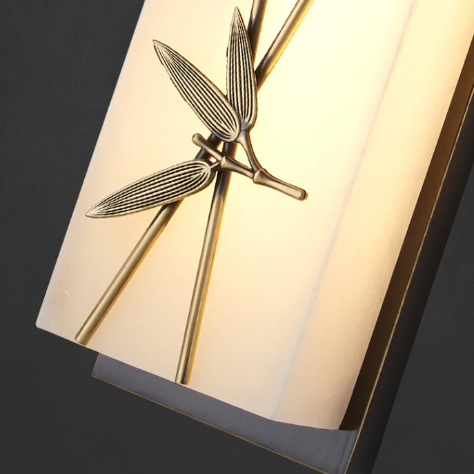 Traditional Chinese Copper Marble Cubic Bamboo Leaf Lotus Flower Ginkgo Biloba LED Wall Sconce Lamp For Bedside