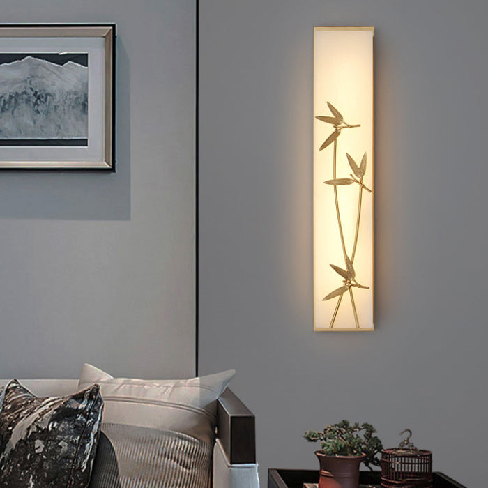 Traditional Chinese Copper Marble Cubic Bamboo Leaf Lotus Flower Ginkgo Biloba LED Wall Sconce Lamp For Bedside