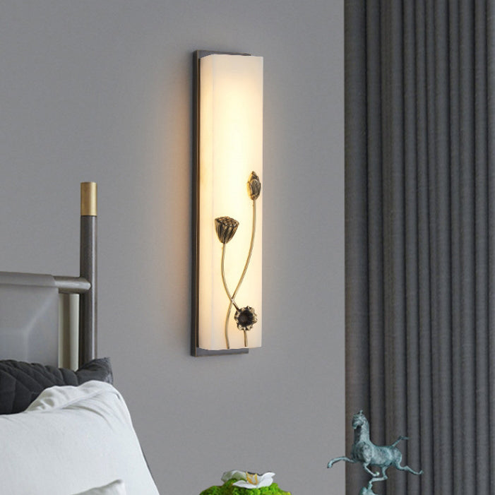 Applique murale LED traditionnelle en cuivre chinois marbre cubique feuille de bambou fleur de lotus ginkgo biloba pour chevet 
