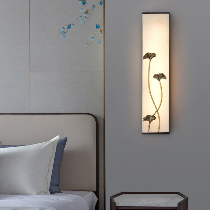 Traditional Chinese Copper Marble Cubic Bamboo Leaf Lotus Flower Ginkgo Biloba LED Wall Sconce Lamp For Bedside