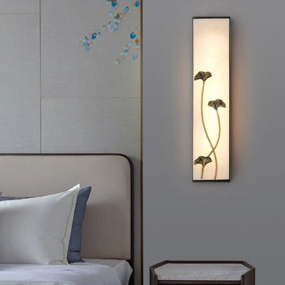 Applique murale LED traditionnelle en cuivre chinois marbre cubique feuille de bambou fleur de lotus ginkgo biloba pour chevet 