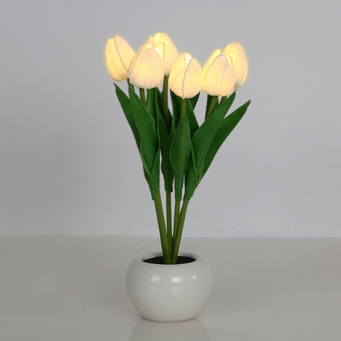 مصباح طاولة LED بتصميم حديث على طراز آرت ديكو من السيراميك PU مع زهرة توليب محاكاة للجانب السرير 