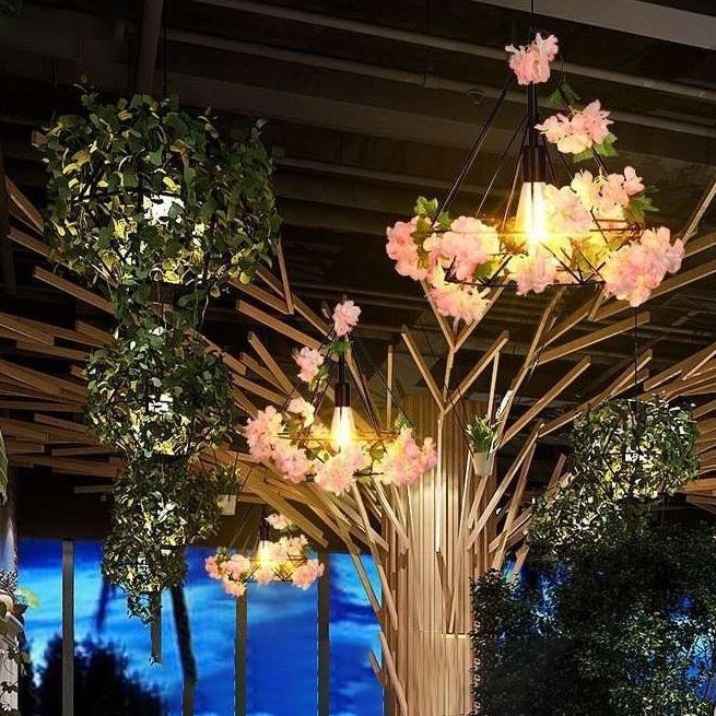 Luz colgante de 1 luz con hoja de sakura de diamante de vegetación simulada de cuerda de cáñamo de hierro retro contemporáneo para comedor 