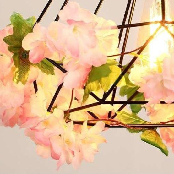 Luz colgante de 1 luz con hoja de sakura de diamante de vegetación simulada de cuerda de cáñamo de hierro retro contemporáneo para comedor 