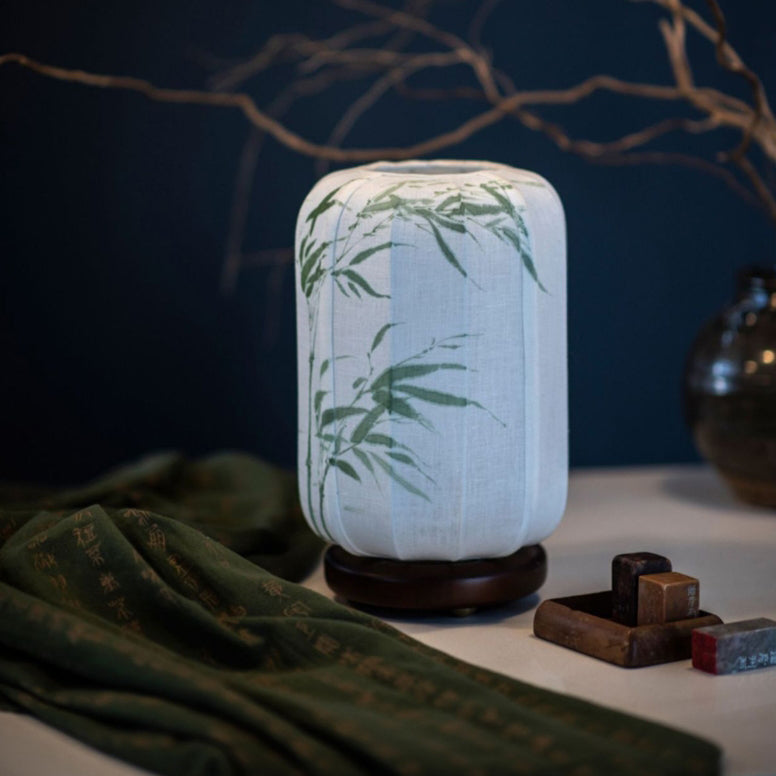 Lámpara de Mesa de 1 Luz de Hoja de Bambú Cilindro de Madera China Tradicional Algodón Cáñamo para Mesita de Noche 