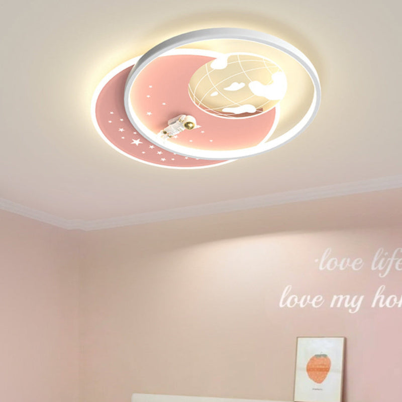 Modern Art Deco Astronaut Round Acrylic Iron LED Flush Mount Ceiling Light For Bedroom