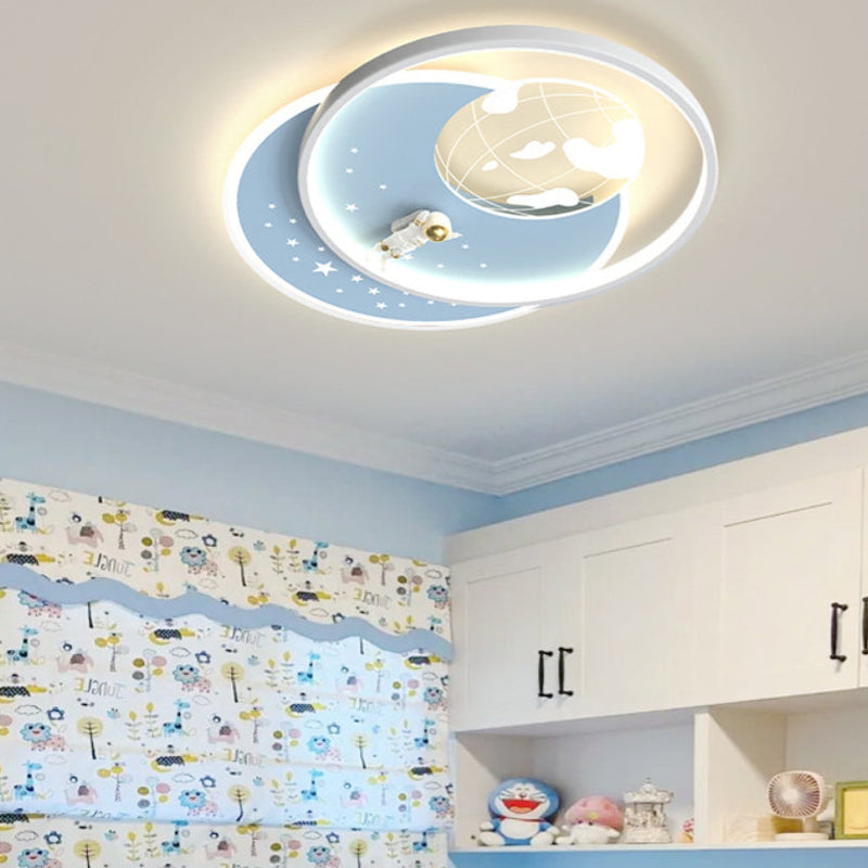 Modern Art Deco Astronaut Round Acrylic Iron LED Flush Mount Ceiling Light For Bedroom